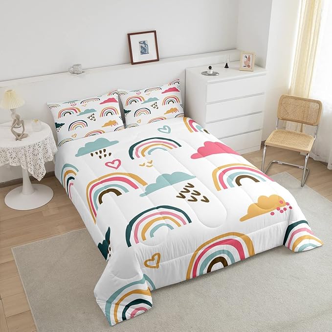 Girly Rainbow Comforter Set Queen Size,Hand Drawn Kawaii Rainbow Bedding Sets for Kids Children,Lovely Cartoon Style Clouds Love Heart Duvet Insert Abstract Artwork Down Comforter with 2 Pillow Shams - LeafyLoom