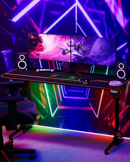 55'' Gaming Desk, Multi-Use Home Office T-Shaped Computer Workstation, Carbon Fiber Surface PC Study Table, Full Cover Mousepad, Drink Holder, Wire Holes, Headphone Hook, Cable Tray, Red - LeafyLoom