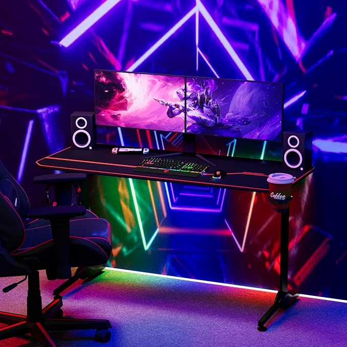 55'' Gaming Desk, Multi-Use Home Office T-Shaped Computer Workstation, Carbon Fiber Surface PC Study Table, Full Cover Mousepad, Drink Holder, Wire Holes, Headphone Hook, Cable Tray, Red - LeafyLoom