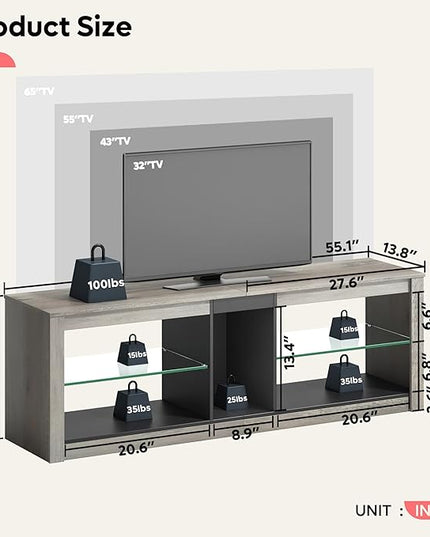 Bestier Entertainment Center LED Gaming TV Stand for 55+ Inch TV Adjustable Glass Shelves 22 Dynamic RGB Modes TV Cabinet Game Console PS4, Wash Gray - LeafyLoom