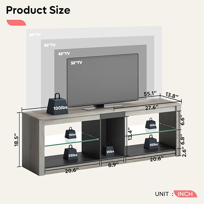 Bestier Entertainment Center LED Gaming TV Stand for 55+ Inch TV Adjustable Glass Shelves 22 Dynamic RGB Modes TV Cabinet Game Console PS4, Wash Gray - LeafyLoom
