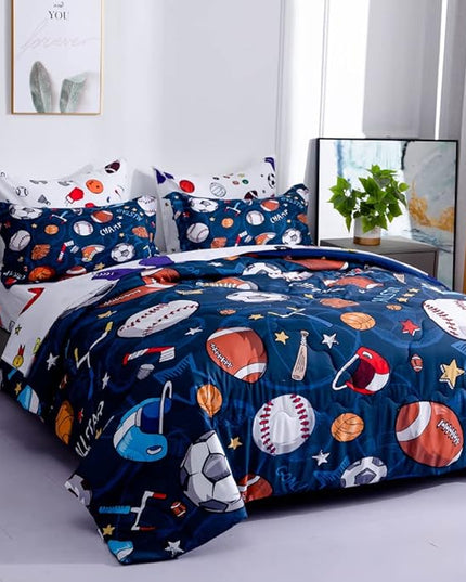 Wajade Sports Comforter Set Bed in A Bag Twin Size 7 Piece 3D Soccer Basketball Baseball Football Bedding Set for Kids Boys (1 Comforter, 1 Flat Sheet, 1 Fitted Sheet, 2 Pillowcase and 2 Pillow Sham) - LeafyLoom