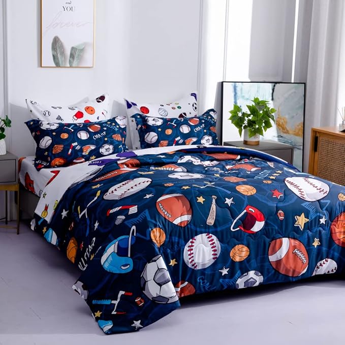 Wajade Sports Comforter Set - 7 Piece Queen Bedding with 3D Soccer, Basketball, Baseball, Football Design for Kids - LeafyLoom