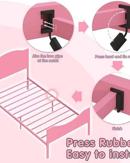 Timy Pink Kids Twin Bed Frame with Wooden Headboard and Footboard, Metal Platform Bed Frame for Boys Girls Teens Adults, Modern Kids Bed Furniture, No Box Spring Needed - LeafyLoom