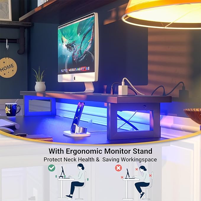 Computer Desk with USB Power Outlets and LED Lights, 47 inch Gaming desk with Monitor Stand for Small Space Home Office, Modern Simple Study Writing Table PC Desks, Black - LeafyLoom
