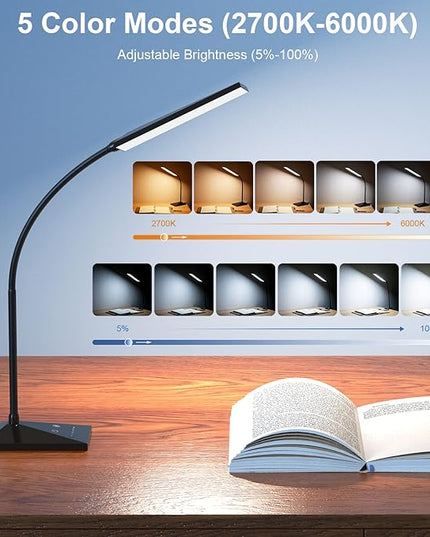 LED Desk Lamp Eye-Caring Table Lamps with USB Charging Port,7 Brightness Levels & 5 Color Modes,Touch Control and Memory Function, Flexible Gooseneck Reading Lamp for Home Office, Black - LeafyLoom