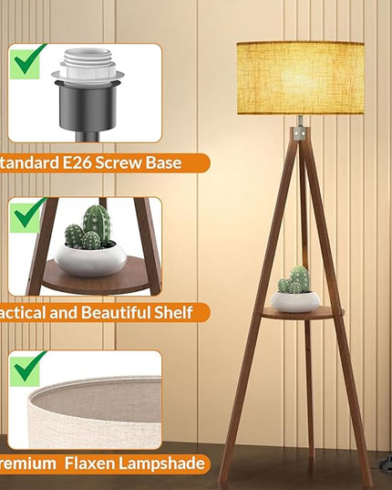 LEPOWER Tripod Floor Lamp, Mid Century Wood Standing Lamp, Modern Design Shelf Floor Lamp for Living Room, Bedroom, Office, Flaxen Lamp Shade with E26 Lamp Base Dark Brown - LeafyLoom