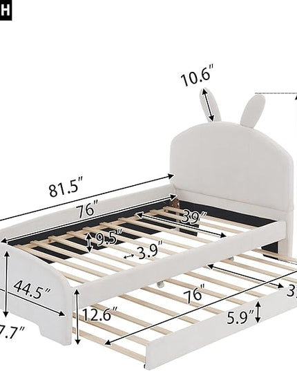 Twin Size Chenille Upholstered Platform Bed with Cartoon Ears Shaped Headboard and Twin-Size Trundle,Guardrail,Wood Bed-frame for Boys Girls,Bedroom Furniture for Children,White - LeafyLoom