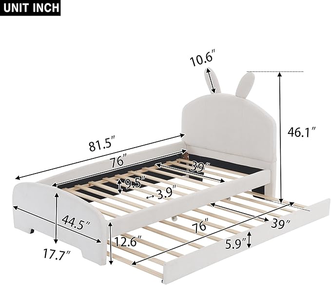 Twin Size Chenille Upholstered Platform Bed with Cartoon Ears Shaped Headboard and Twin-Size Trundle,Guardrail,Wood Bed-frame for Boys Girls,Bedroom Furniture for Children,White - LeafyLoom