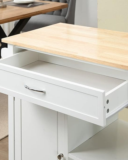 HOMCOM Kitchen Island Cart, Rolling Kitchen Island with Storage Shelf, Solid Wood Top, Drawer, for Dining Room, White - LeafyLoom