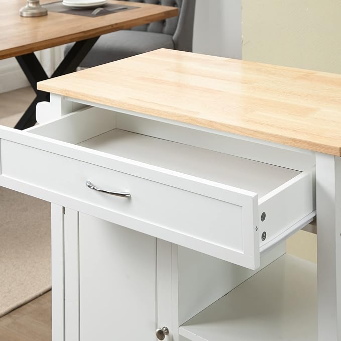 HOMCOM Kitchen Island Cart, Rolling Kitchen Island with Storage Shelf, Solid Wood Top, Drawer, for Dining Room, White - LeafyLoom