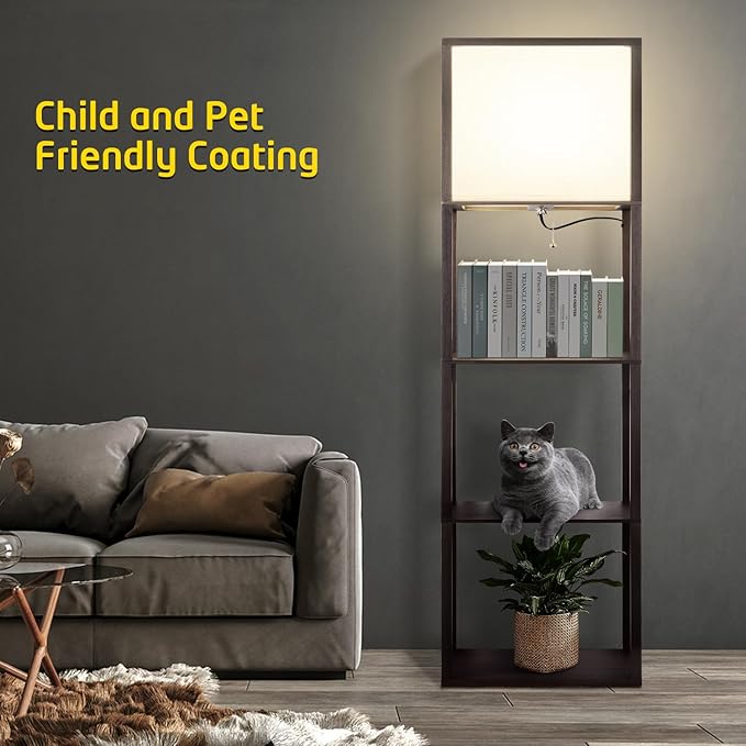 Floor Lamp with Shelves Plus, 4-Tier Modern Shelf Floor Lamp with 2700 4000K 5000K Color Selectable, Display Lamp for Living Room Bedroom Office, 15W LED Bulb(Walnut). - LeafyLoom