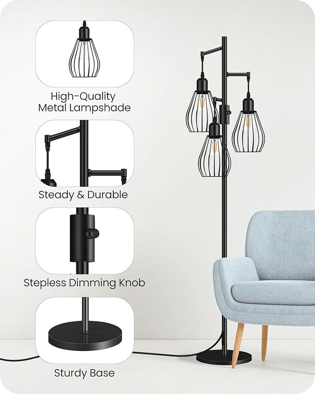 Farmhouse Dimmable Floor Lamp, Industrial Tall Standing Tree Lamp with 3 Elegant Teardrop Cage Heads, 4W 3 LED Bulbs Included, Rustic Standing Lamp for Living Room, Bedroom, Black B01LD05 - LeafyLoom