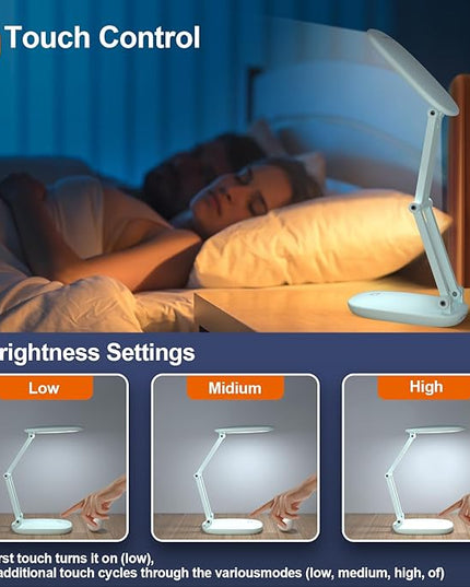 LED Desk Lamp for Office Home & Battery Operated Lamp Rechargeable Lamp Foldable & Portable Light, [2-fold support frame higher] 3 Brightness Dimmable Small Desk Lamp Wireless Reading Lamp - LeafyLoom