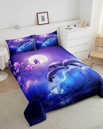 Erosebridal Galaxy Dolphin Comforter Set Full,Coastal Ocean Waves Comforter Sky Starry Moon Stars Cherry Blossoms Bedding Set for Girls Teen yough women Sea Animal Quilted Duvet Purple Blue 3 Pcs - LeafyLoom