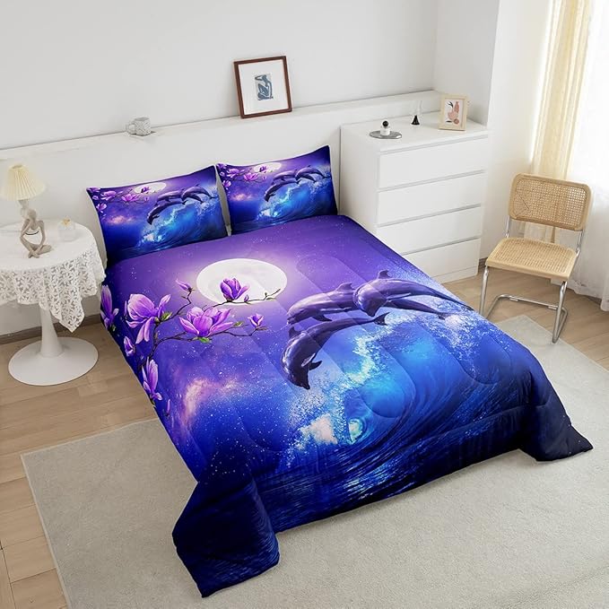 Erosebridal Galaxy Dolphin Comforter Set Full,Coastal Ocean Waves Comforter Sky Starry Moon Stars Cherry Blossoms Bedding Set for Girls Teen yough women Sea Animal Quilted Duvet Purple Blue 3 Pcs - LeafyLoom