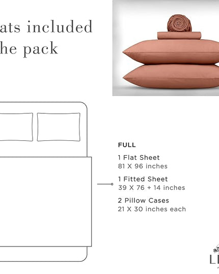 Linen Home Washed Cotton Percale Full Sheet Set, Tera Clay, Deep Pocket, 4 Pieces Bed Sheets - 1 Flat Sheet, 1 Fitted Sheet & 2 Envelope Closure Pillowcases, Cool and Comfortable Bed Linen - LeafyLoom