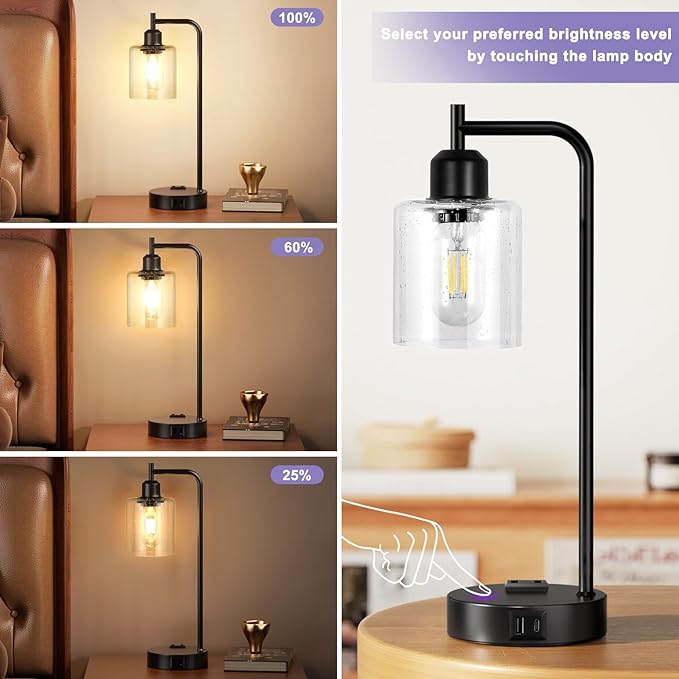 Industrial Touch Table Lamps for Bedrooms Set of 2 - 3-Way Dimmable Lamps with USB C+A Ports and Outlet, Black Bedside Lamps with Seeded Clear Glass Shade for Living Room, Desk Lamps for Home Office - LeafyLoom