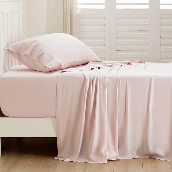 Bedsure Twin Sheets Set, Cooling Sheets Twin Size Bed Set, Rayon Derived from Bamboo, Twin Size Sheets, Breathable & Soft Bed Sheets, Hotel Luxury Silky Bedding Sheets & Pillowcases, Pink - LeafyLoom