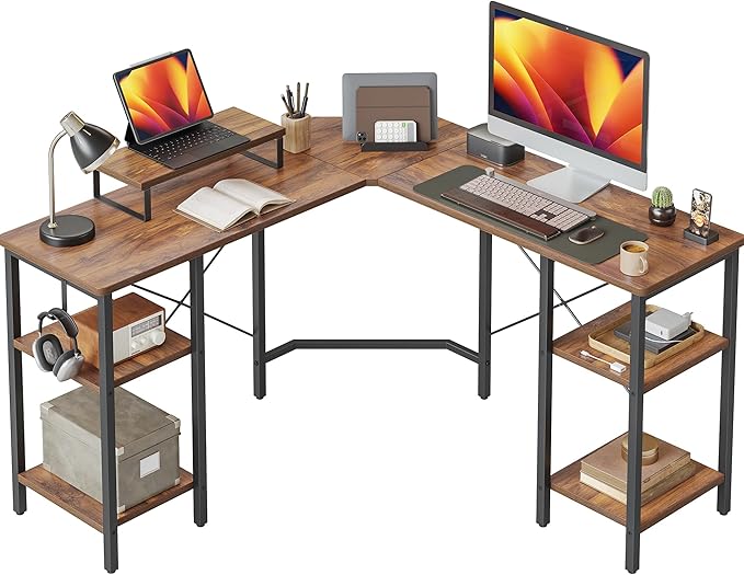 CubiCubi L Shaped Desk, 50.4 inch Computer Corner Desk with 2 Storage Shelves, Home Office Desk with Monitor Stand, Rustic Brown - LeafyLoom