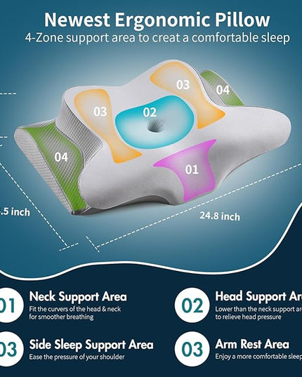 Neck Pillow Cervical Memory Foam Pillows for Pain Relief Sleeping, Ergonomic Pillow for Shoulder Pain, Orthopedic Contour Bed Pillow for Side, Back & Stomach Sleepers with Cooling Pillowcase - LeafyLoom