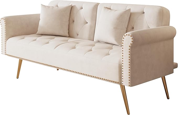 Button Tufted Upholstered Convertible Folding Sleeper Sofa Bed Futon Loveseat Couch Recliner Daybed with Adjustable and Nailhead Trim for Living Room, Bedroom, Beige 69.7" - LeafyLoom
