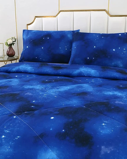 3PCS Blue Galaxy Comforter Set Full, Full Size Bed in a Bag Summer Comforter, Lightweight and Fade Resistant, Cute Full Size Quilt for Boys Girls Toddler Kids and Teens, Full - LeafyLoom