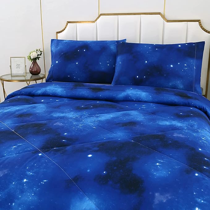 3PCS Blue Galaxy Comforter Set Full, Full Size Bed in a Bag Summer Comforter, Lightweight and Fade Resistant, Cute Full Size Quilt for Boys Girls Toddler Kids and Teens, Full - LeafyLoom
