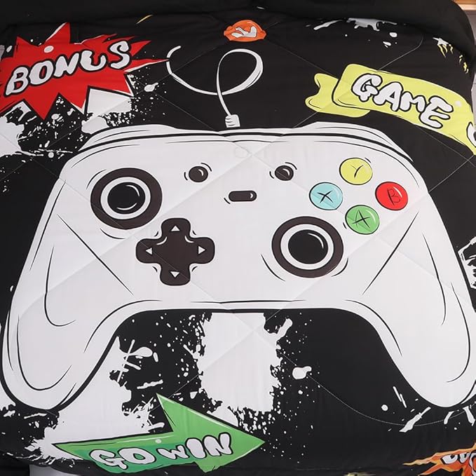 Wajade Kids Game Comforter Set Bed in A Bag Twin Size 7 Piece 3D Colorful Video Game Controller Bedding Set for Boys Girls (1 Comforter, 1 Flat Sheet, 1 Fitted Sheet, 2 Pillowcase and 2 Pillow Sham) - LeafyLoom