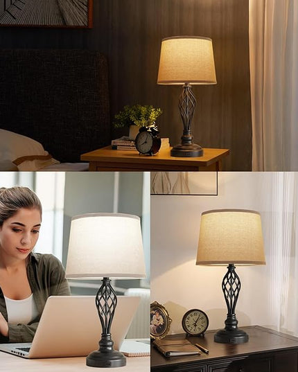 PARTPHONER Set of 2 Table Lamps with USB Port, Farmhouse Bedside Lamps with 3-Color Temperature, Nightstand Lamp Large Cream Drum Shade Spiral Cage Base Desk Lamps for Living Room, Home Bedroom - LeafyLoom