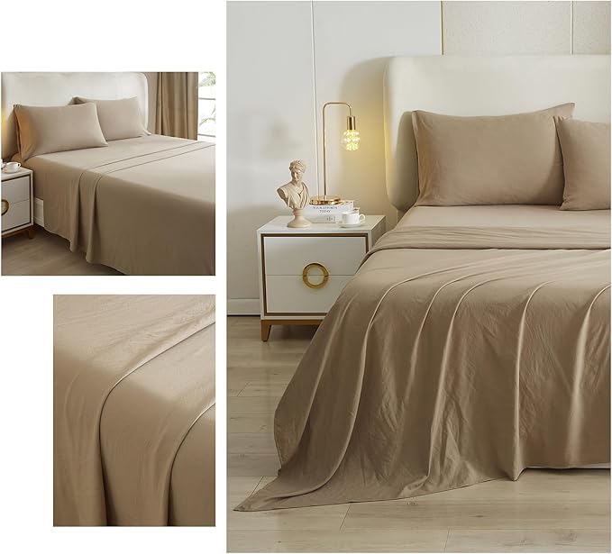 HighBuy Twin Bed Sheets Set - 3 Piece Bedding - Khaki Washed Microfiber Sheets Twin,Breathable Sheets Shrinkage and Fade Resistant - Deep Pocket 16 Inch - Easy Fit Fitted Sheet,Pillowcases Set - LeafyLoom