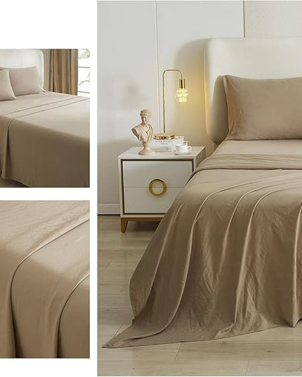 HighBuy Khaki Sheets for Queen Size Bed,4 Piece Cooling Sheets Queen Deep Pocket up to 16 Inch,Solid Bedding Sheets & Pillowcases Set,Wrinkle, Fade, Stain Resistant - 4 Piece (Queen, Khaki) - LeafyLoom