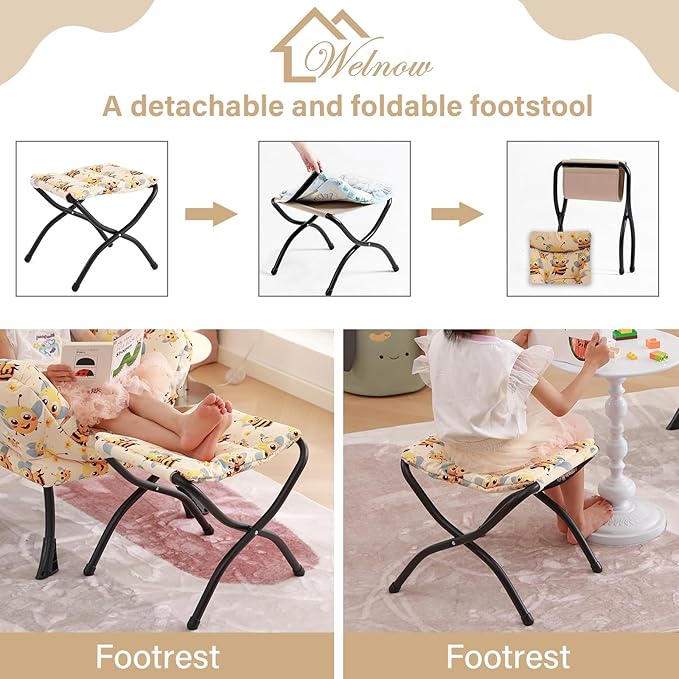 Welnow Toddler Kids Lazy Chair with Ottoman, Glow in The Dark Accent Comfy Lounge Children Armchair Couch with Removable Cover, Detachable Reading Chair with Footrest for Boy or Girl, Bees - LeafyLoom