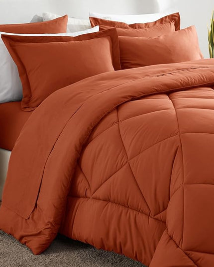 CozyLux King Comforter Set with Sheets 7 Pieces Bed in a Bag Burnt Orange All Season Bedding Sets with Comforter, Pillow Shams, Flat Sheet, Fitted Sheet and Pillowcases - LeafyLoom