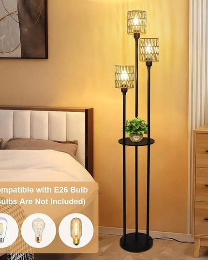 Boho Floor Lamp with Shelves, 3-Lights Farmhouse Tall Floor Lamp with ON/OFF Foot Switch, Rustic Standing Lamp with Rattan Shades for Living Room Bedroom Office - LeafyLoom