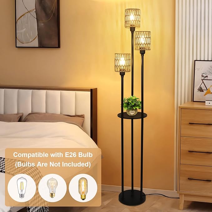 Boho Floor Lamp with Shelves, 3-Lights Farmhouse Tall Floor Lamp with ON/OFF Foot Switch, Rustic Standing Lamp with Rattan Shades for Living Room Bedroom Office - LeafyLoom