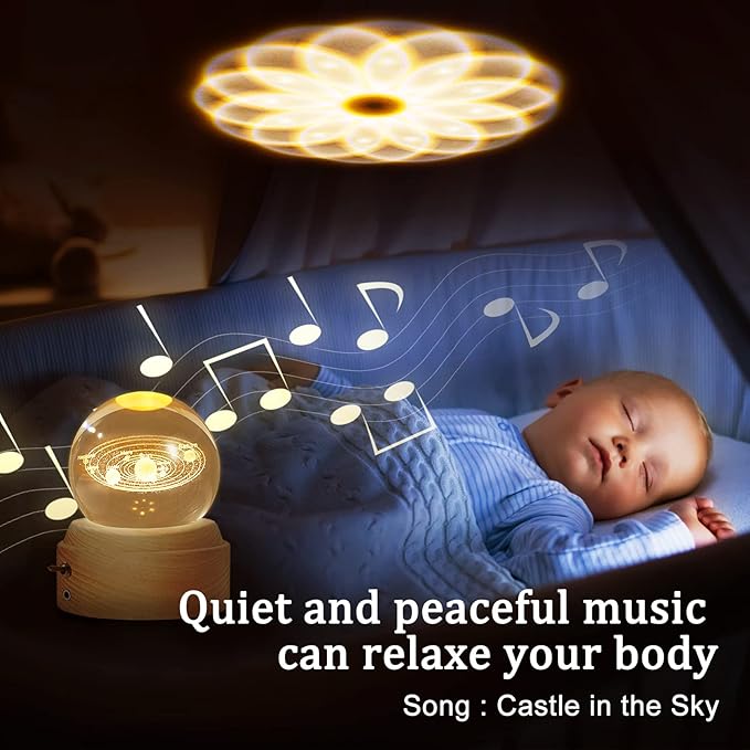 Crystal Ball Globe Solar System Music Box LED Night Light Lamp, Best Decor Gifts for Father Dad Husband Men Boyfriend Girlfriend Mom Women Wife Daughter Kids, Graduation Birthday Anniversary Wedding - LeafyLoom