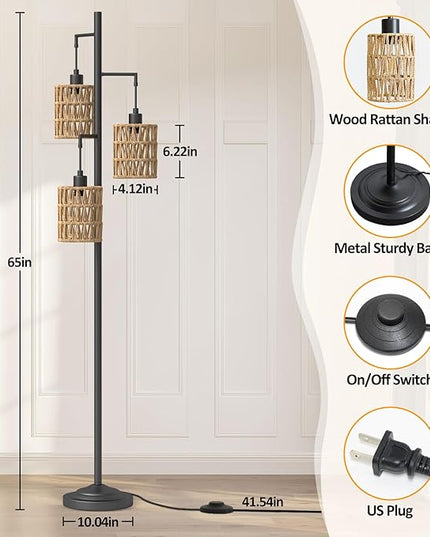 3-Lights Rattan Floor Lamps with ON/Off Foot Switch Tree Standing Lamp with Wood Rattan Lampshades Boho Floor Lamp Tall Pole Lamp for Living Room Bedroom Office, 3 PCS 6W Bulbs Included - LeafyLoom