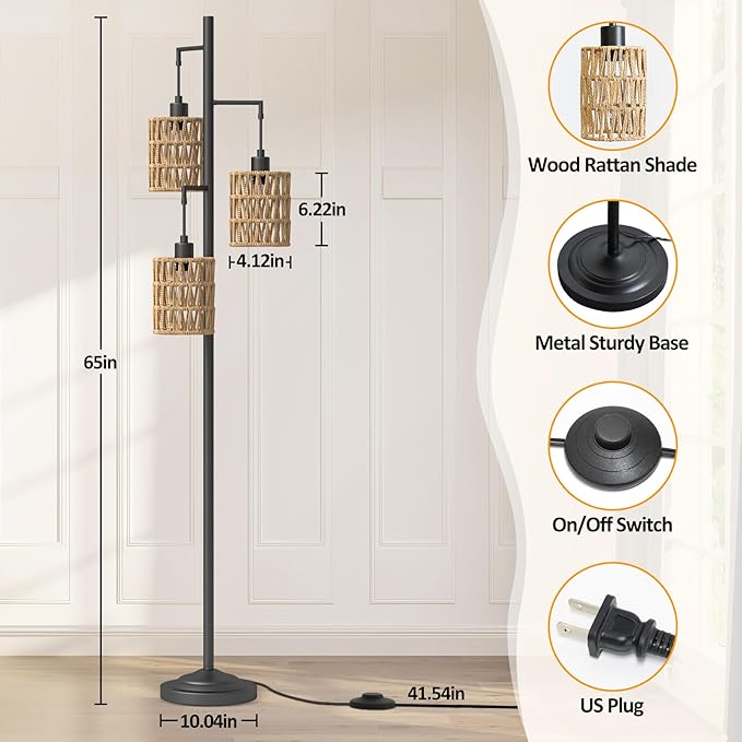 3-Lights Rattan Floor Lamps with ON/Off Foot Switch Tree Standing Lamp with Wood Rattan Lampshades Boho Floor Lamp Tall Pole Lamp for Living Room Bedroom Office, 3 PCS 6W Bulbs Included - LeafyLoom