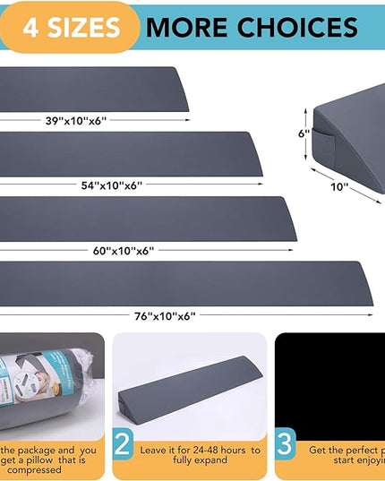 Queen Size (60"x10"x6") Bed Wedge Pillow, Headboard Pillow Wedge,Mattress Wedge, Bed Gap Filler, Memory Foam Bed Wedge with 2 Removable Washable Cover, Gray/White - LeafyLoom