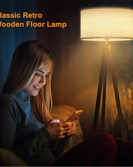 LEPOWER Wood Floor Lamp Tripod, Mid Century Lamps for Living Room, Modern Design Standing Lamp for Bedroom and Office, Flaxen Lamp Shade with E26 Lamp Base Brown - LeafyLoom