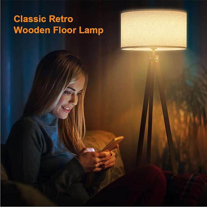LEPOWER Wood Floor Lamp Tripod, Mid Century Lamps for Living Room, Modern Design Standing Lamp for Bedroom and Office, Flaxen Lamp Shade with E26 Lamp Base Brown - LeafyLoom