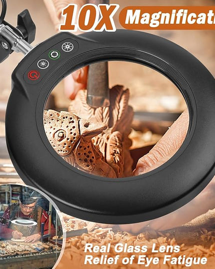 Veemagni 10X Magnifying Glass with Light and Stand, 5 Color Modes Stepless Dimmable 2-in-1 Desk Lamp & Clamp, LED Lighted Magnifier with Light, Hands Free for Repair Craft Hobby Close Work - LeafyLoom