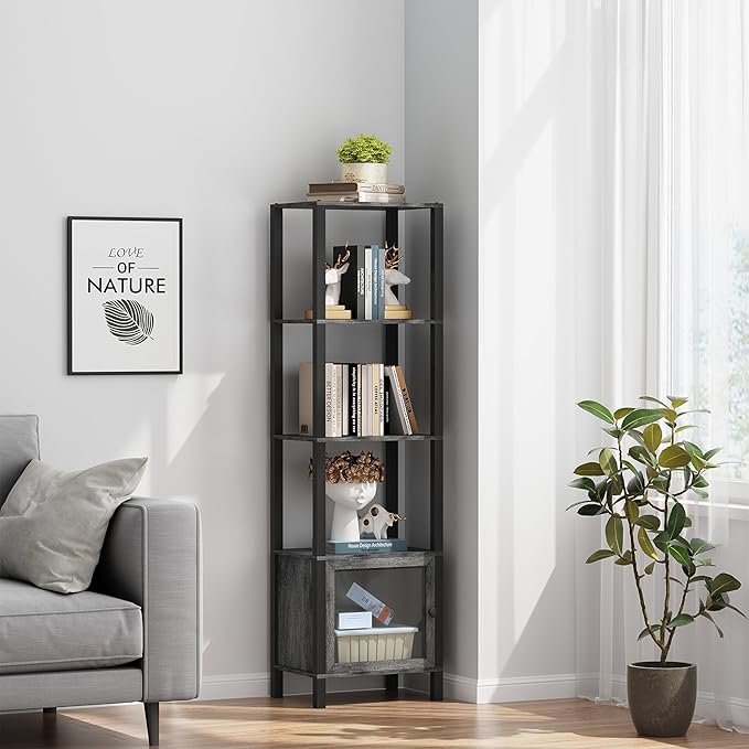 TUTOTAK 5 Tier Bookcase and Bookshelf, Narrow Book shelf with Door for Small Space, for Living Room, Office, Study, Entryway, Charcoal Grey BS03BY005 - LeafyLoom