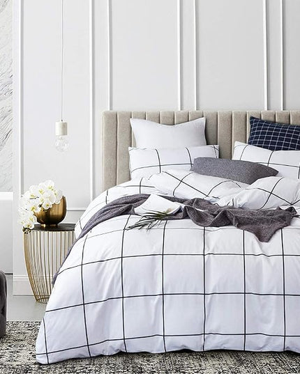 White Grid Comforter Set Big Grid Bedding Set Full White Black Plaid Printed Stripes Women Checkered Comforters Bedding Set Girls White Grid Bed Blanket Set White Plaid Full Comforter - LeafyLoom
