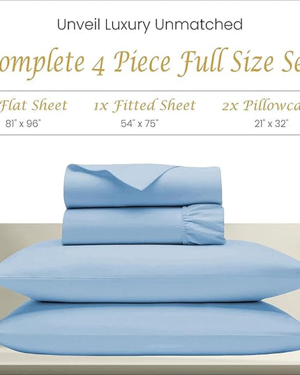Bluemoon Homes Sheets Full Size Bed Egyptian Cotton - 100% Certified Egyptian Cotton Sheets for Full Size Bed Sheets Set 18" Deep Pocket, Soft Sateen 4-Piece Cooling Bedding Set - Sky Blue - LeafyLoom
