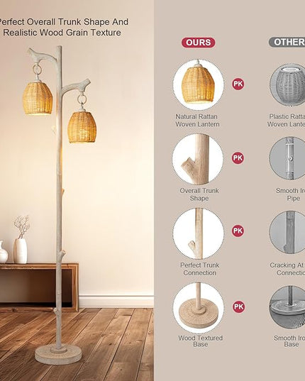 68" High Farmhouse Rustic Country Cottage Floor Lamp Tree Trunk Faux Wood Column White Washed Wicker Drum Shade Decor for Living Room Bedroom Reading Room - LeafyLoom