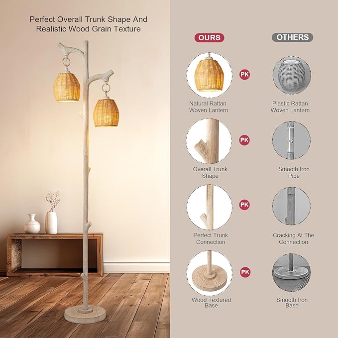 68" High Farmhouse Rustic Country Cottage Floor Lamp Tree Trunk Faux Wood Column White Washed Wicker Drum Shade Decor for Living Room Bedroom Reading Room - LeafyLoom