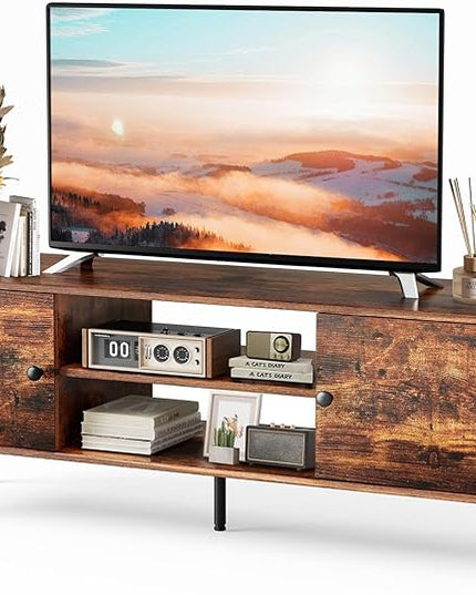 Sweetcrispy TV Stand for 55 60 inch TV, Modern Mid Century Entertainment Center with Storage, Media Console Table 2 Cabinet, Soft Hinge, Handle Door, Wooden Living Room, Office Furniture, Retro Brown - LeafyLoom