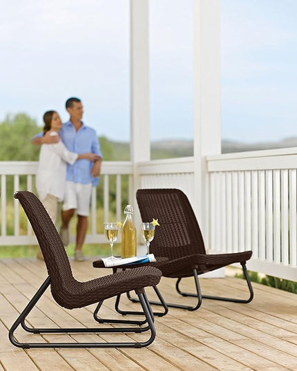 Keter Rio 3 Piece Resin Wicker Patio Furniture Set with Side Table and Outdoor Chairs, Brown - LeafyLoom
